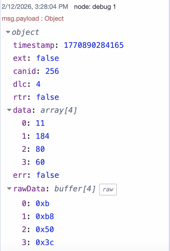 Debug output showing a received CAN message in FlowFuse